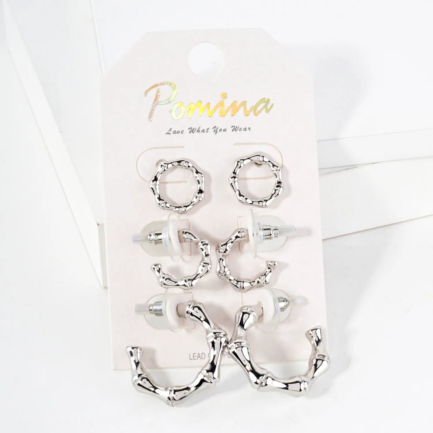 3Pc-Set Polished Bamboo Stud Hoop Earrings