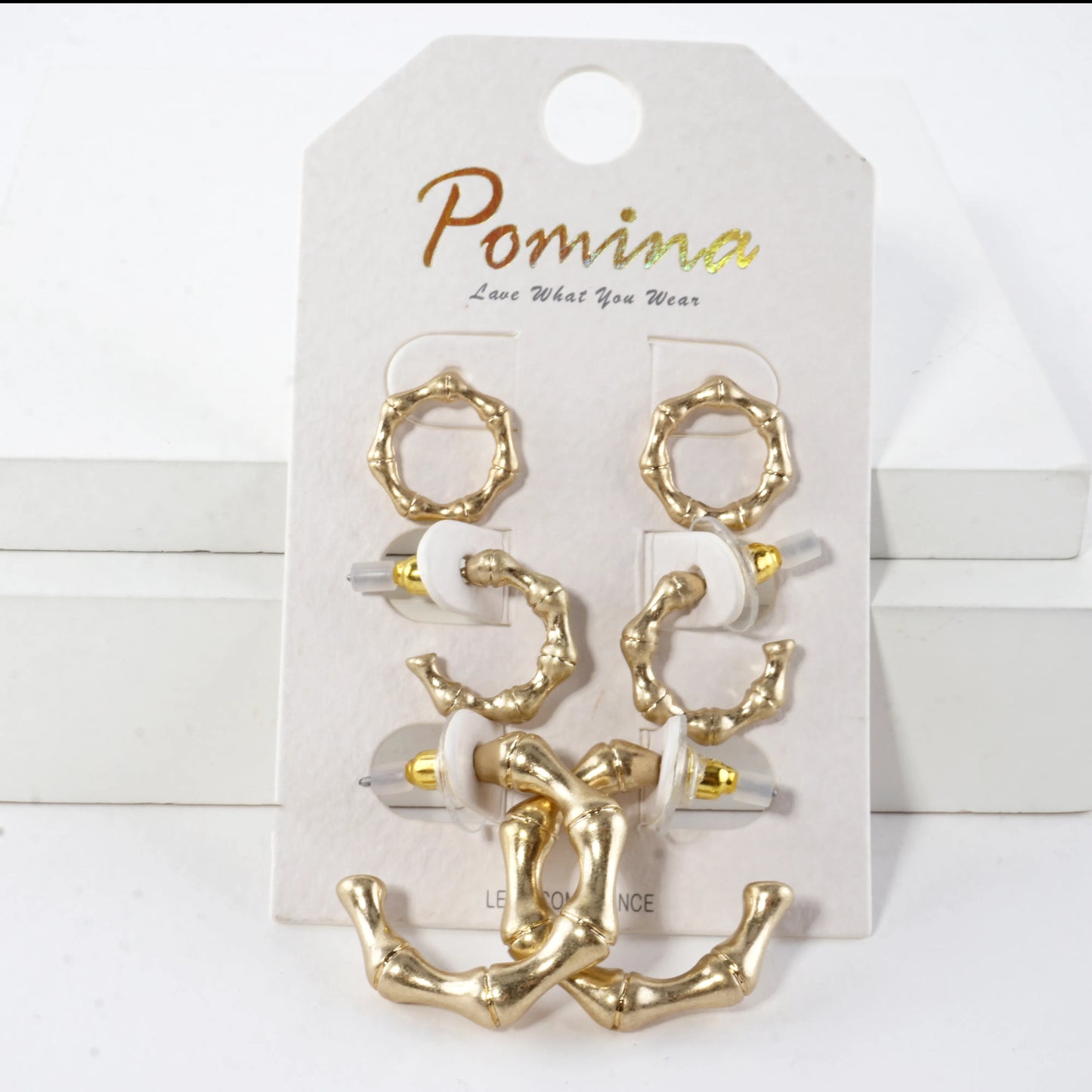 3Pc-Set Polished Bamboo Stud Hoop Earrings