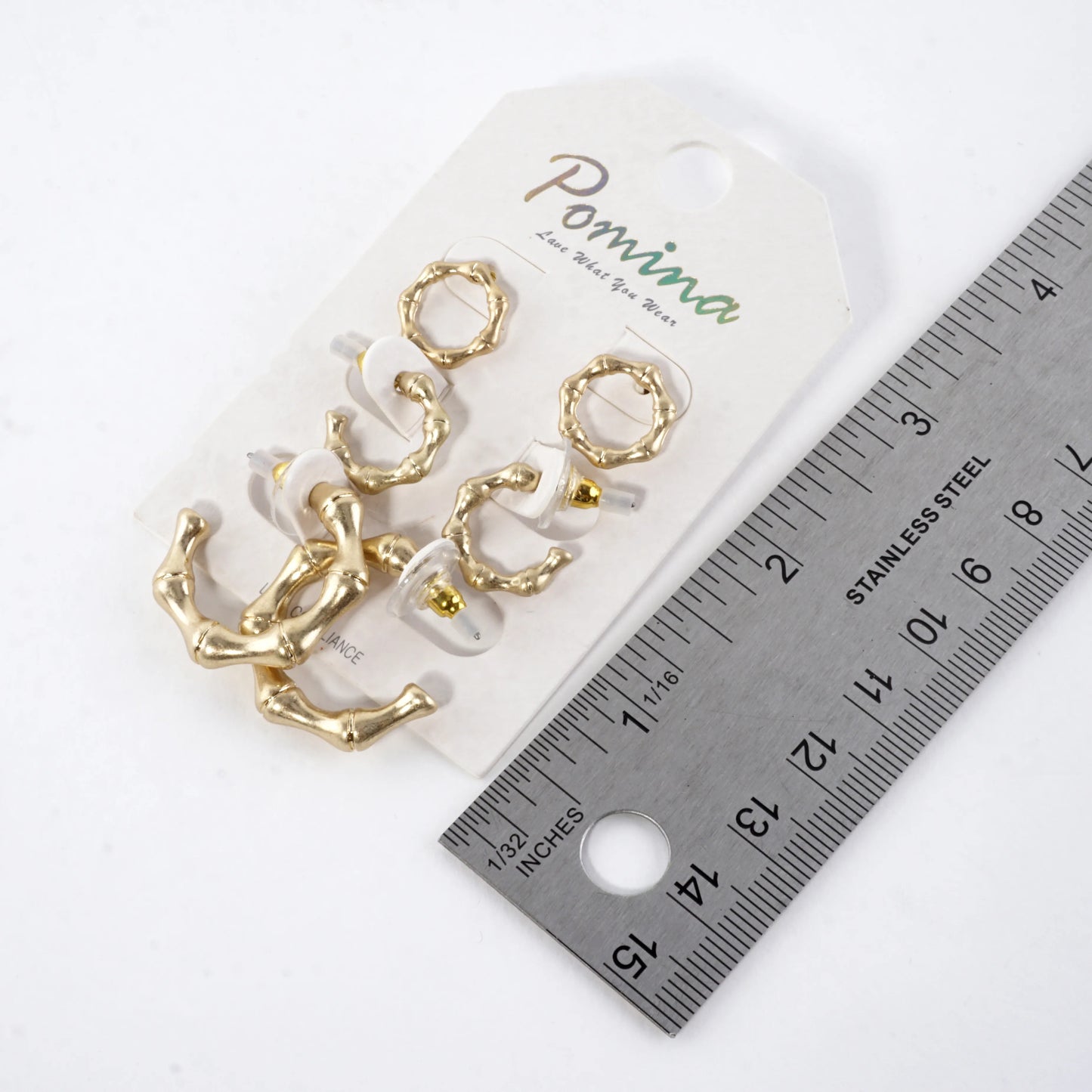 3Pc-Set Polished Bamboo Stud Hoop Earrings