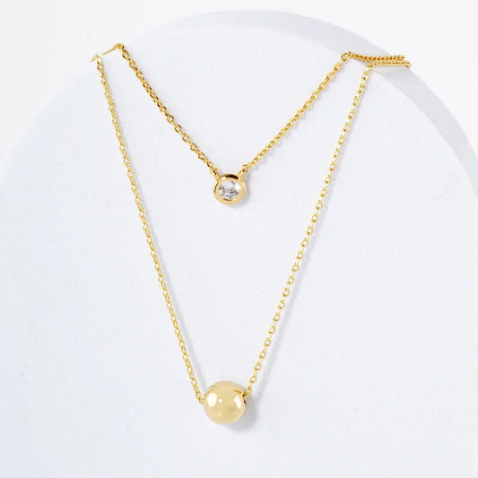 3mm CZ Brass Ball Pendant 18K-Gold-Dipped Layered Necklace