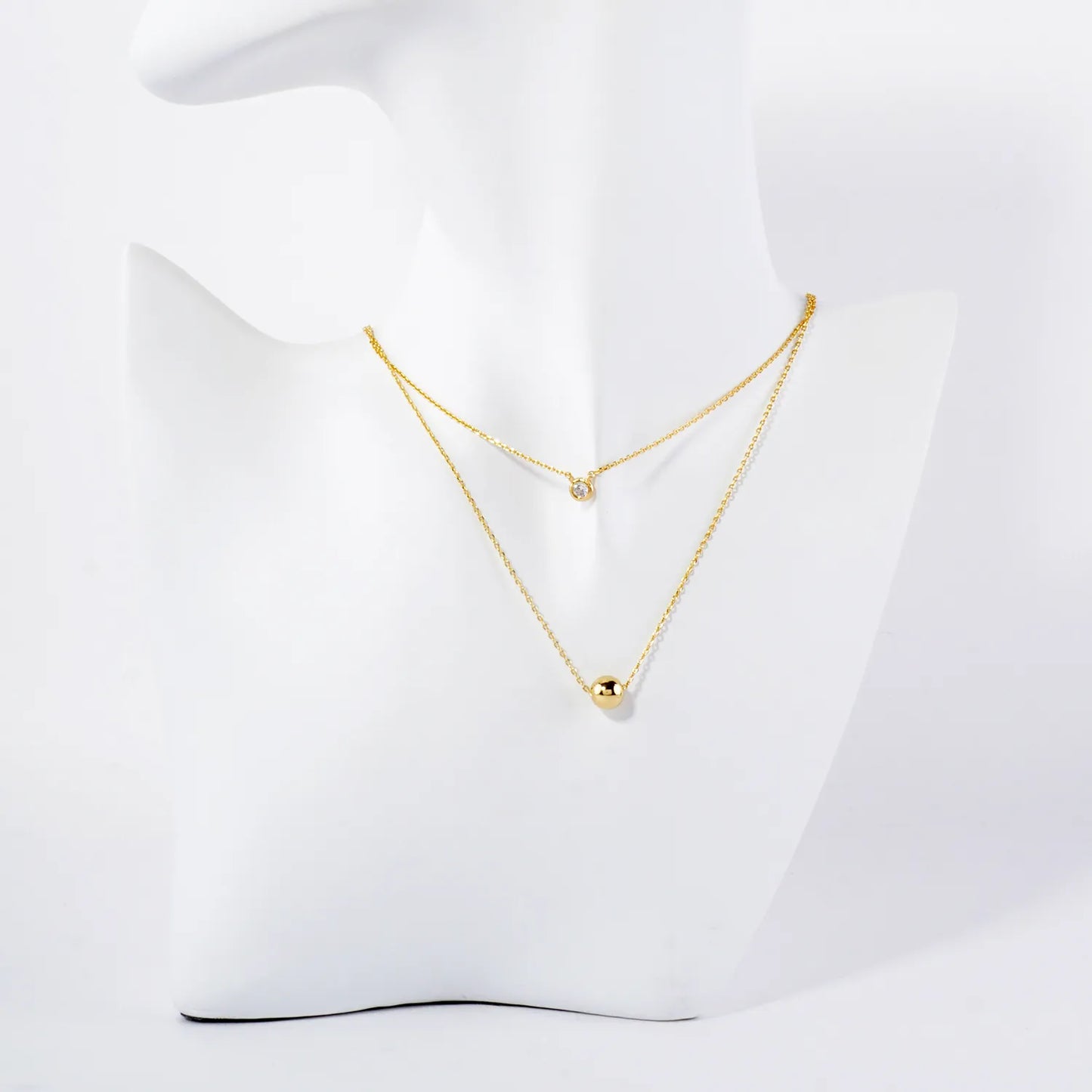 3mm CZ Brass Ball Pendant 18K-Gold-Dipped Layered Necklace