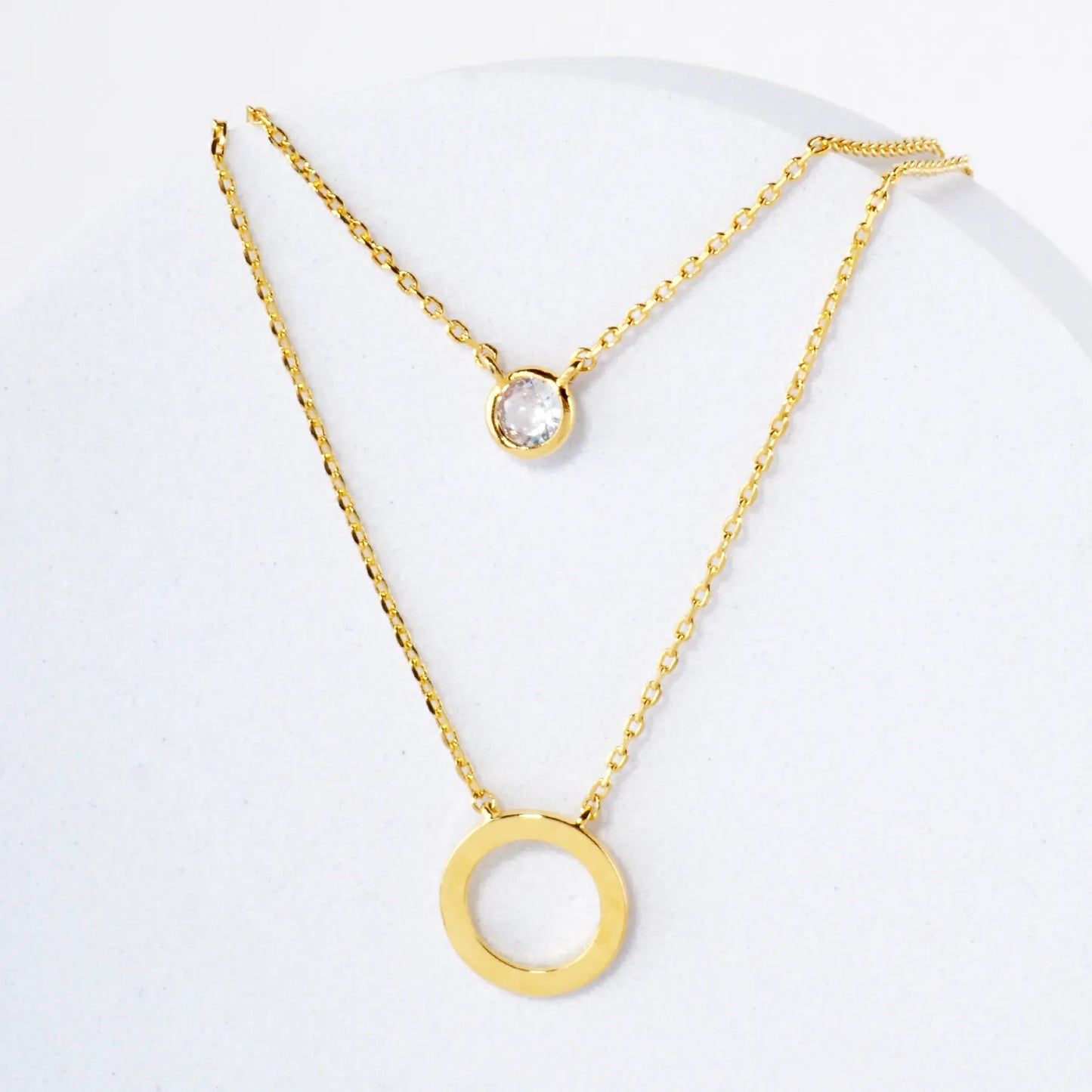 3mm CZ Circle Pendant 18K-Gold-Dipped Layered Necklace