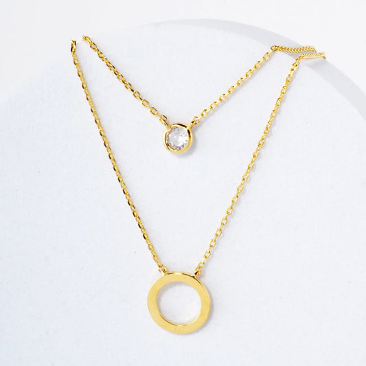 3mm CZ Circle Pendant 18K-Gold-Dipped Layered Necklace