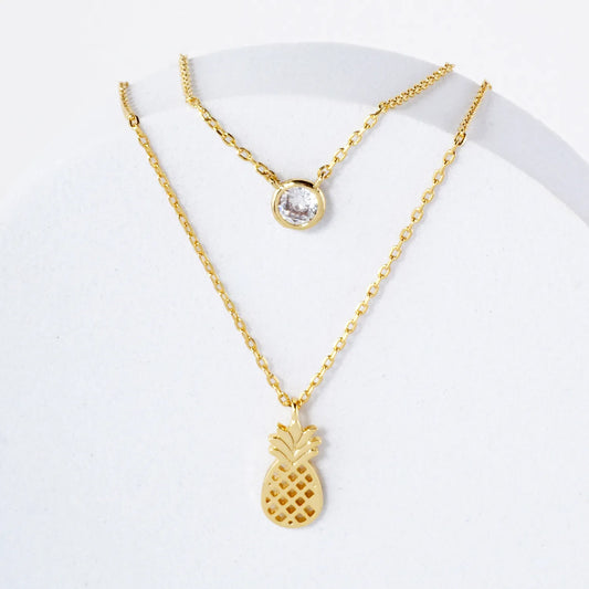 3mm CZ Pineapple Pendant 18K-Gold-Dipped Layered Necklace