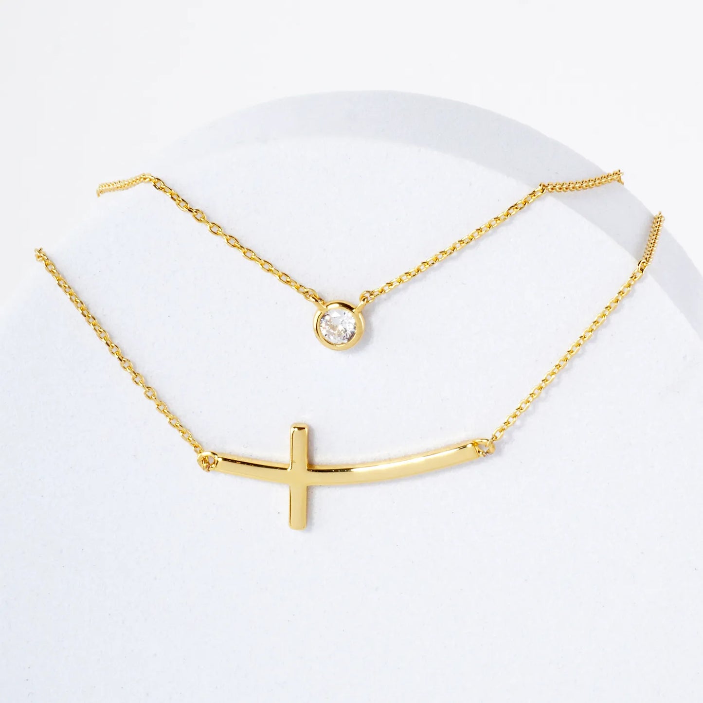 3mm CZ Sideways Cross Pendant 18K-Gold-Dipped Layered Necklace