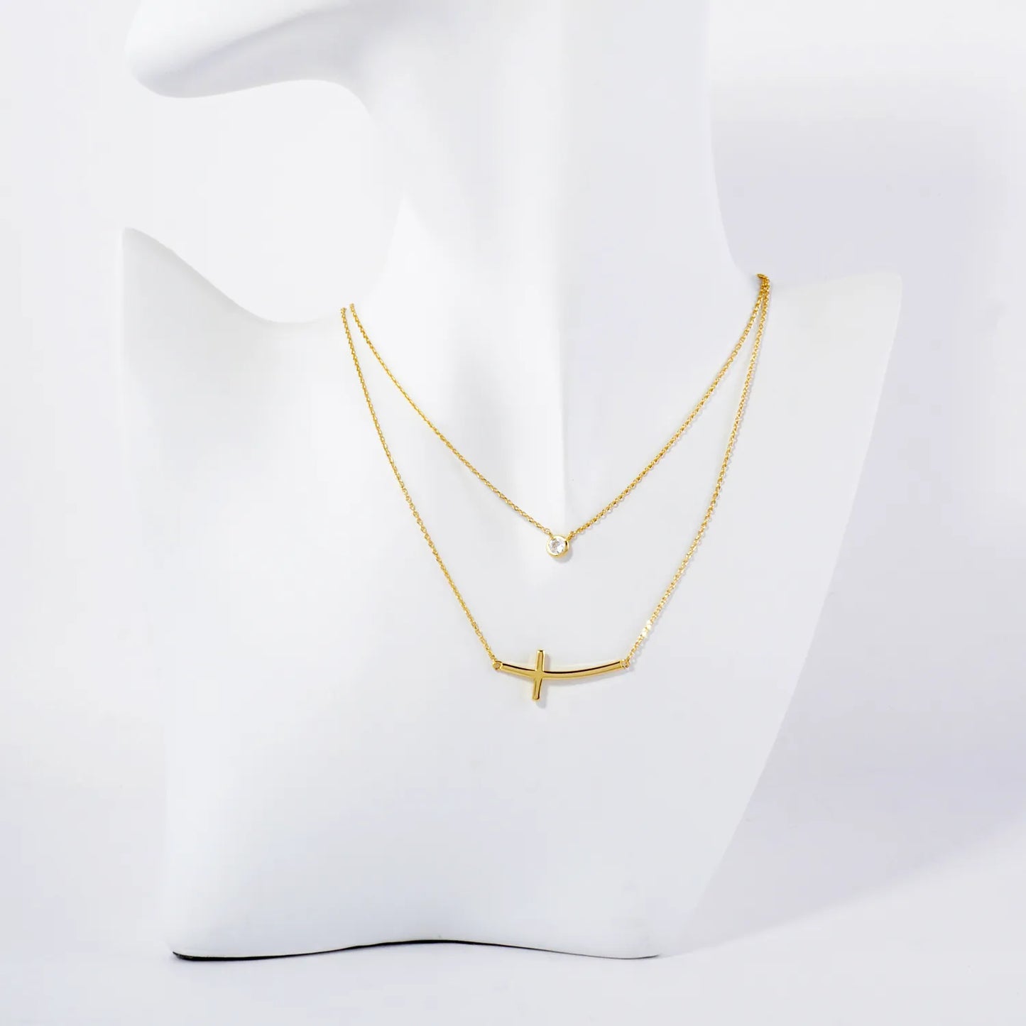 3mm CZ Sideways Cross Pendant 18K-Gold-Dipped Layered Necklace