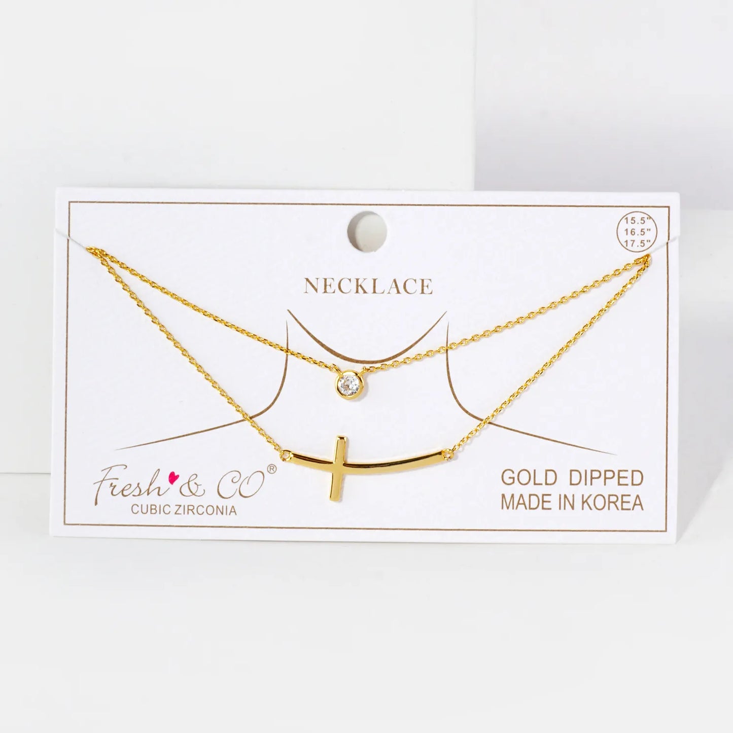 3mm CZ Sideways Cross Pendant 18K-Gold-Dipped Layered Necklace
