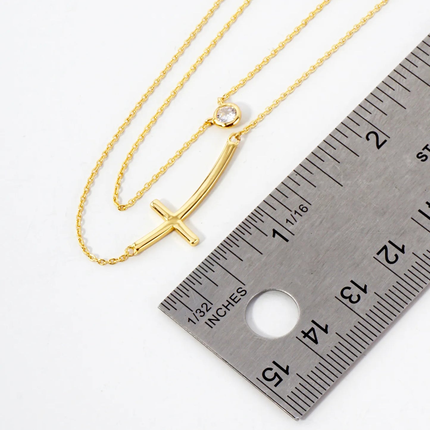3mm CZ Sideways Cross Pendant 18K-Gold-Dipped Layered Necklace