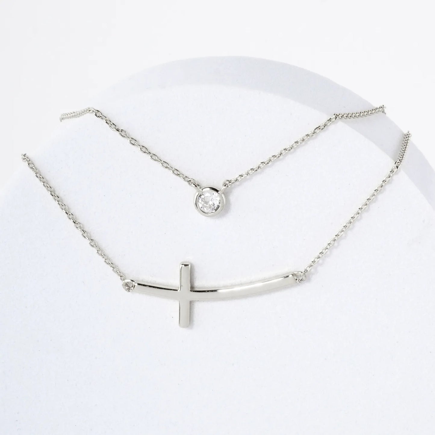 3mm CZ Sideways Cross Pendant 18K-Gold-Dipped Layered Necklace