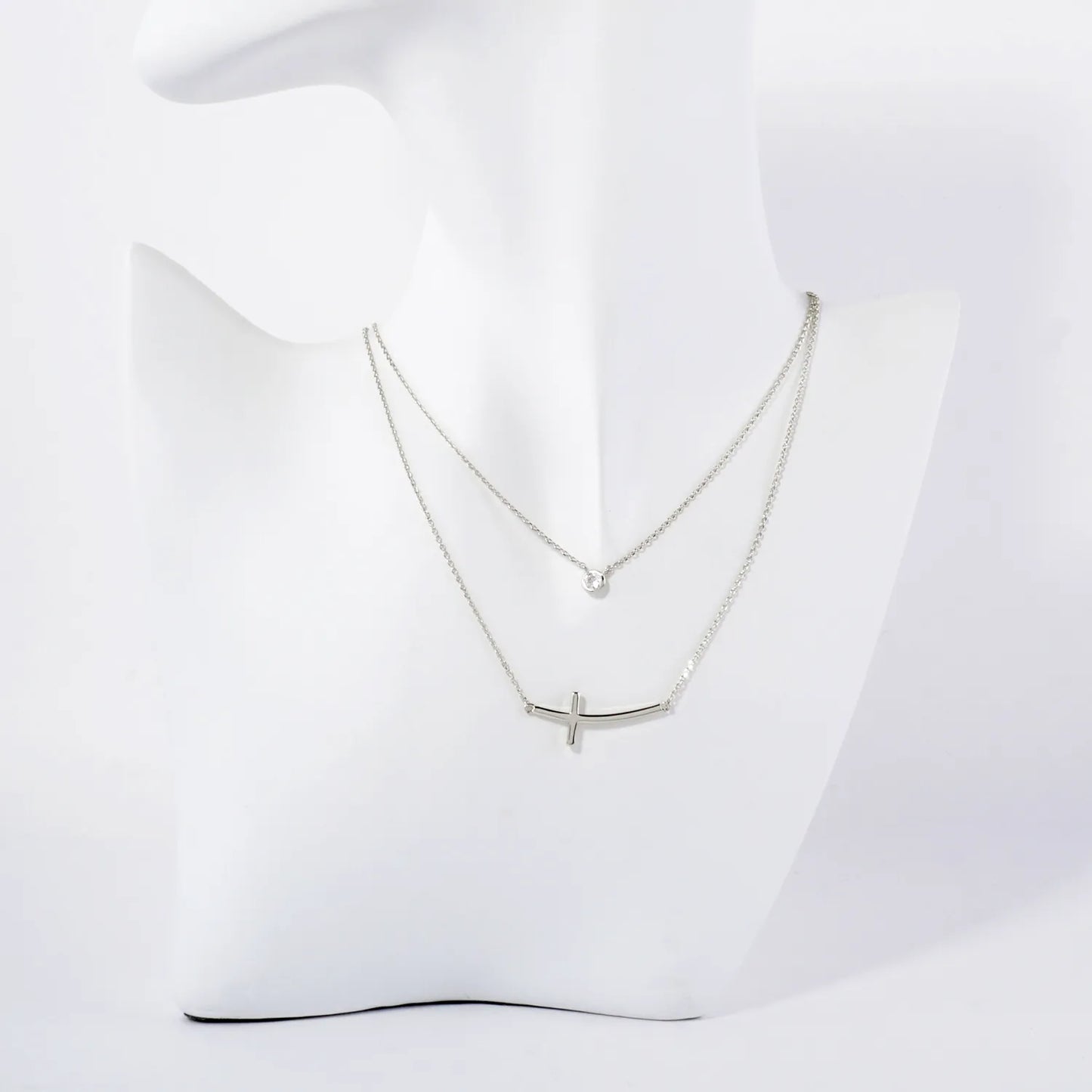 3mm CZ Sideways Cross Pendant 18K-Gold-Dipped Layered Necklace