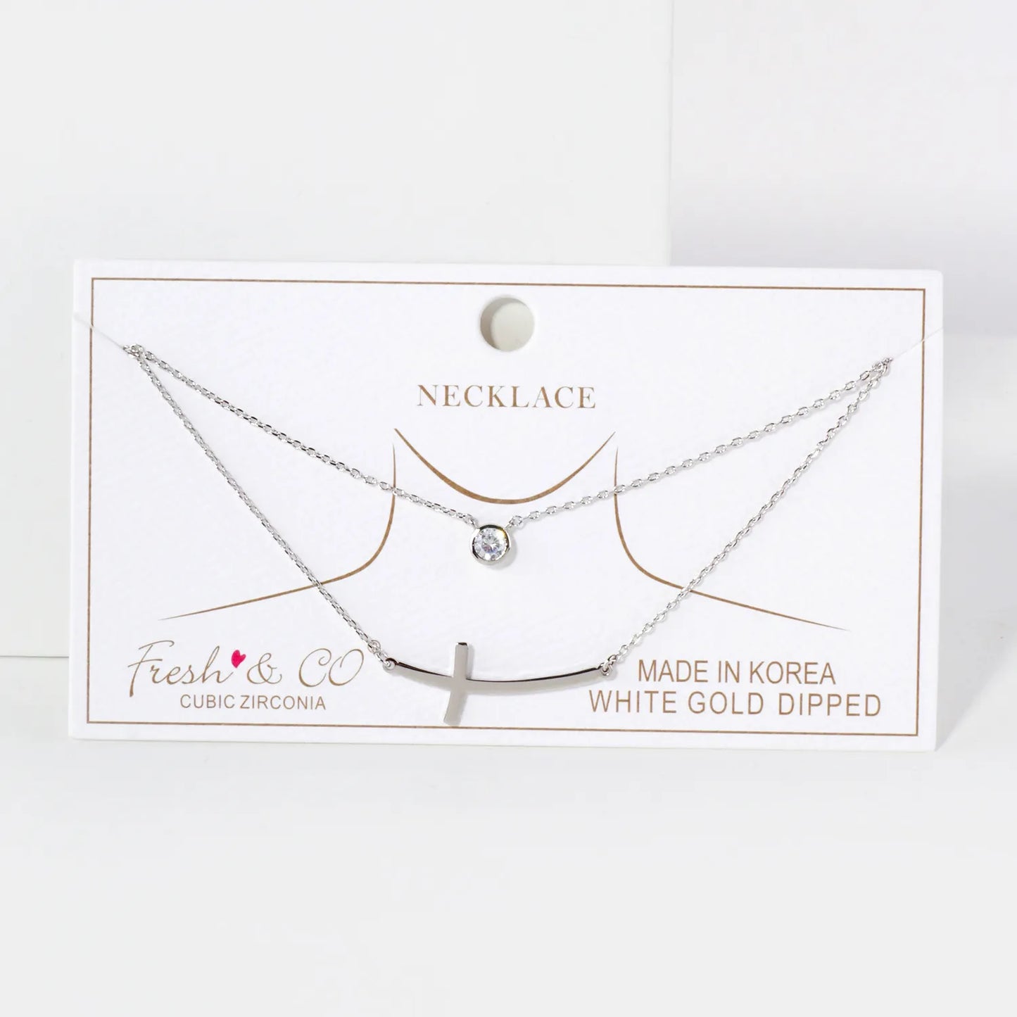 3mm CZ Sideways Cross Pendant 18K-Gold-Dipped Layered Necklace
