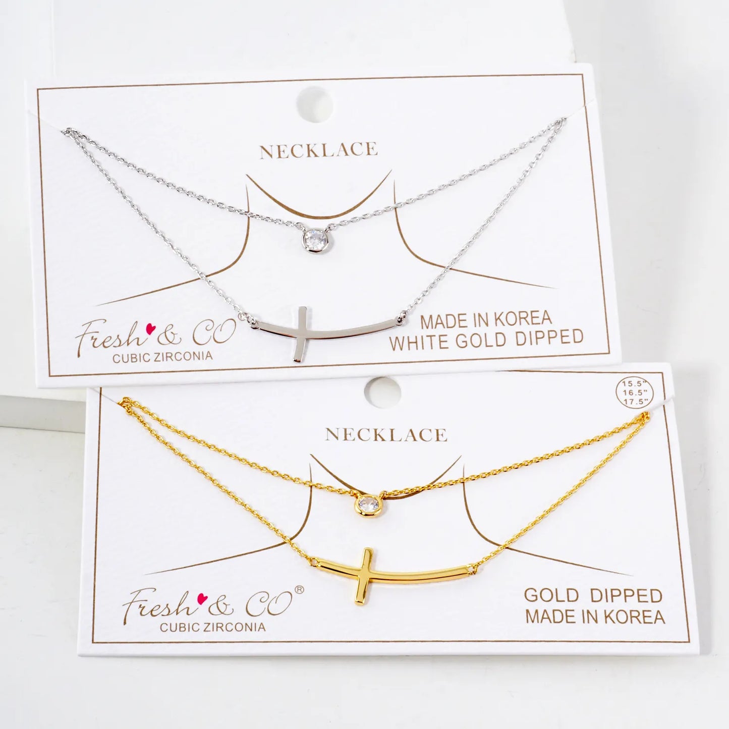 3mm CZ Sideways Cross Pendant 18K-Gold-Dipped Layered Necklace