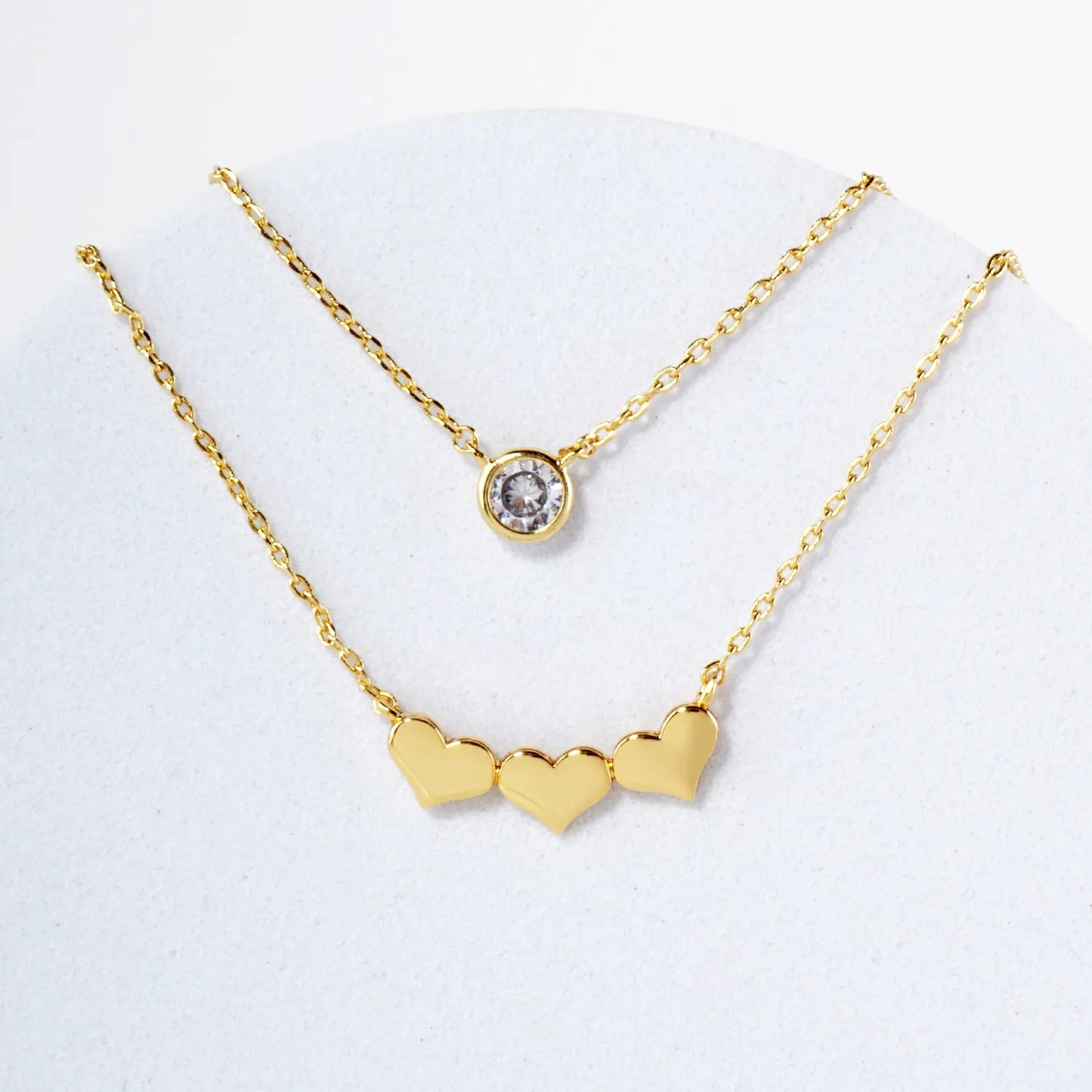 3mm CZ Three Hearts Pendant 18K-Gold-Dipped Layered Necklace