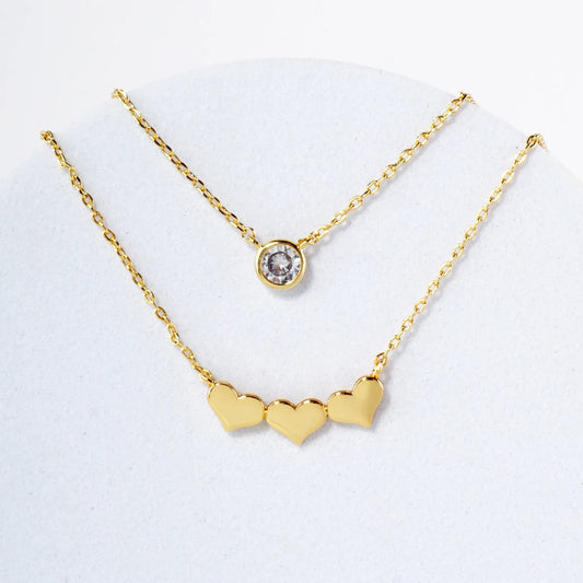 3mm CZ Three Hearts Pendant 18K-Gold-Dipped Layered Necklace
