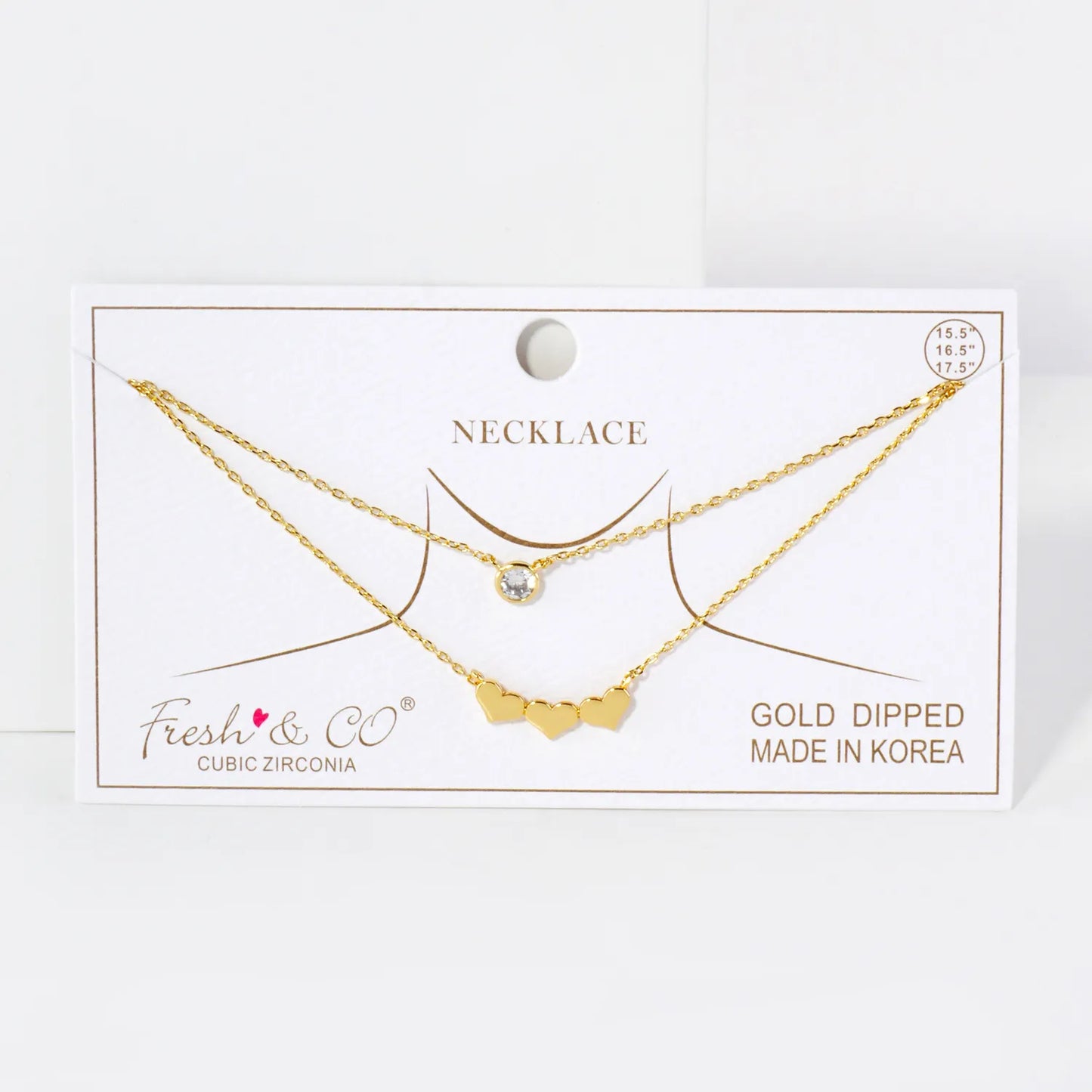 3mm CZ Three Hearts Pendant 18K-Gold-Dipped Layered Necklace