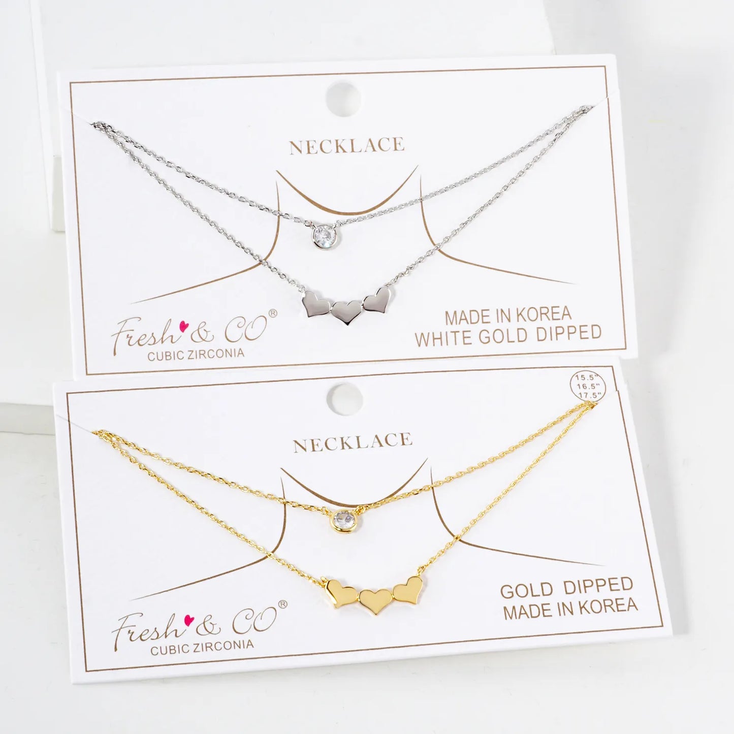 3mm CZ Three Hearts Pendant 18K-Gold-Dipped Layered Necklace