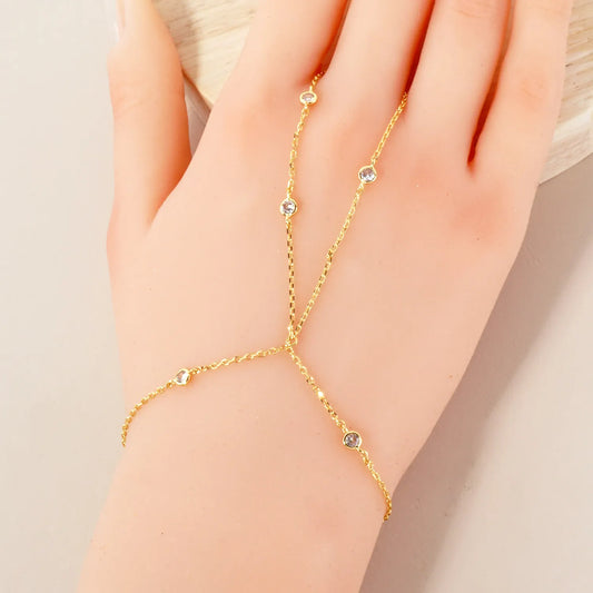 3mm Round CZ Charms 18K-Gold-Dipped Delicate Brass Hand-Chain Bracelet
