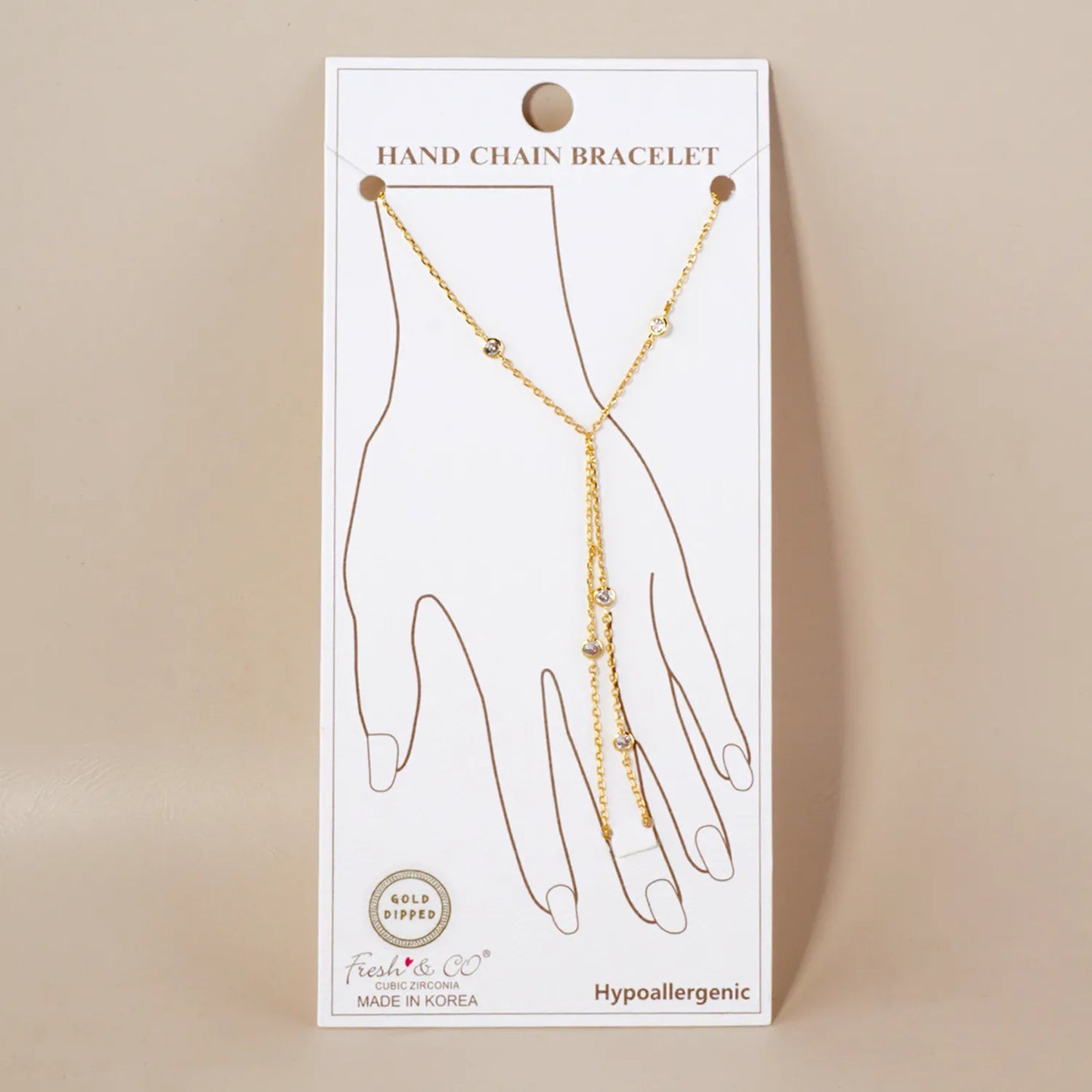 3mm Round CZ Charms 18K-Gold-Dipped Delicate Brass Hand-Chain Bracelet
