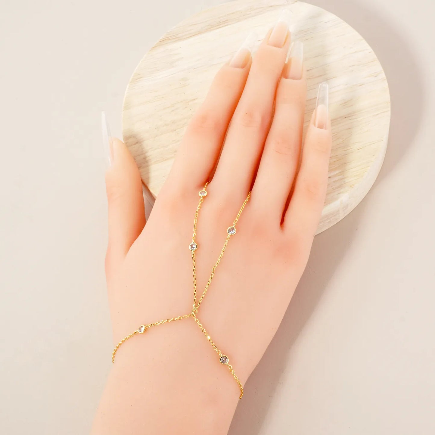 3mm Round CZ Charms 18K-Gold-Dipped Delicate Brass Hand-Chain Bracelet