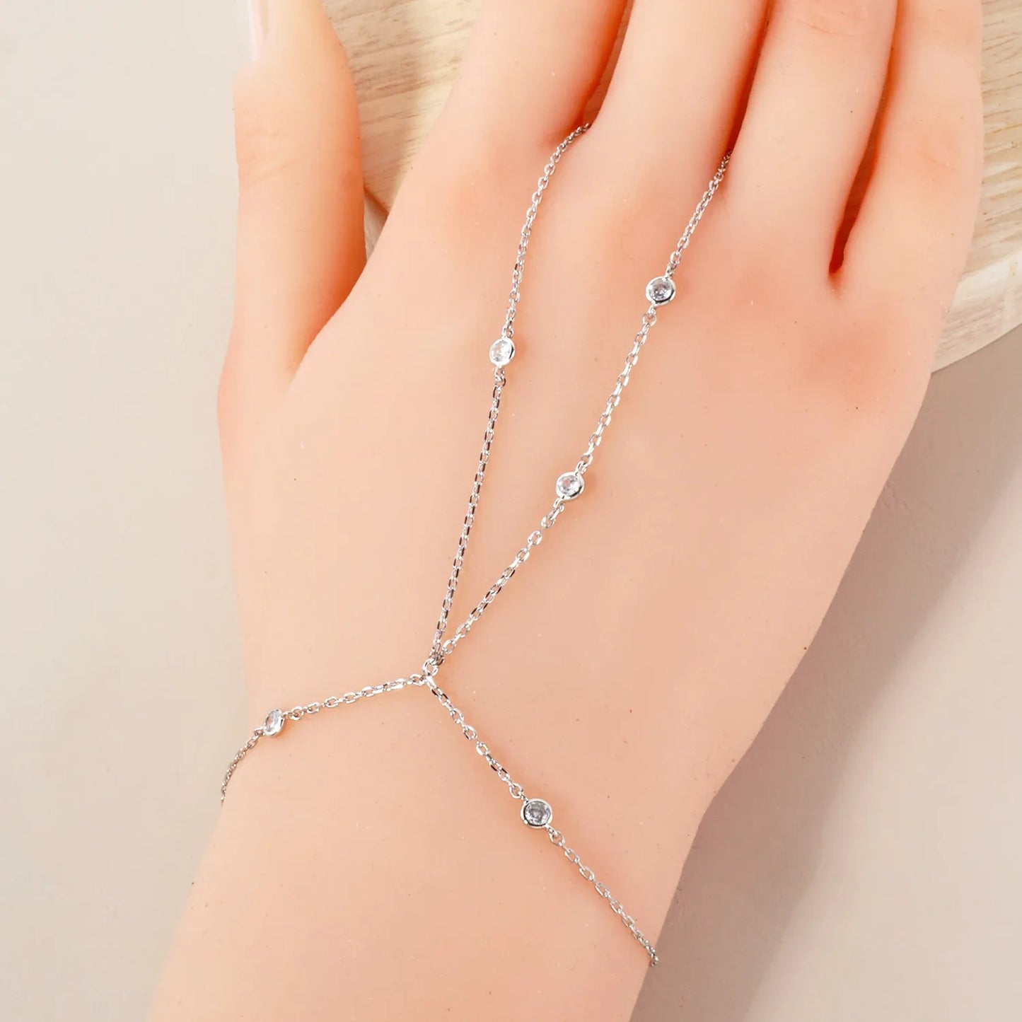 3mm Round CZ Charms 18K-Gold-Dipped Delicate Brass Hand-Chain Bracelet