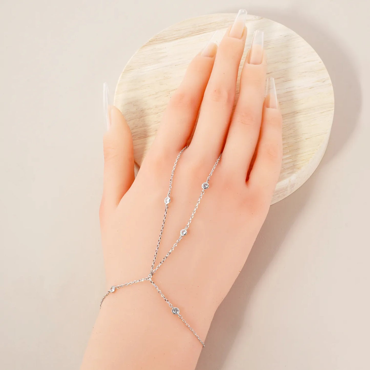 3mm Round CZ Charms 18K-Gold-Dipped Delicate Brass Hand-Chain Bracelet