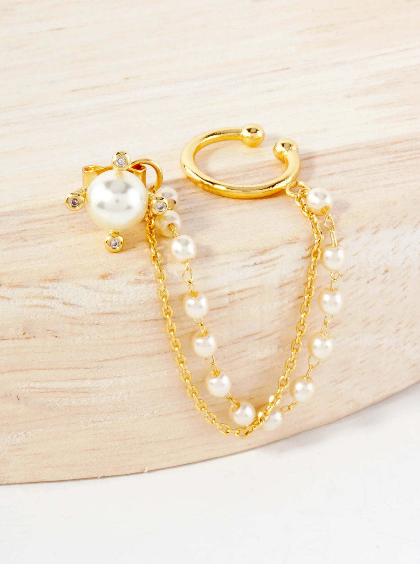 4-Prong 6mm Pearl Stud And Ear Cuff Drape Chain 18K-Gold-Dipped Earring Set