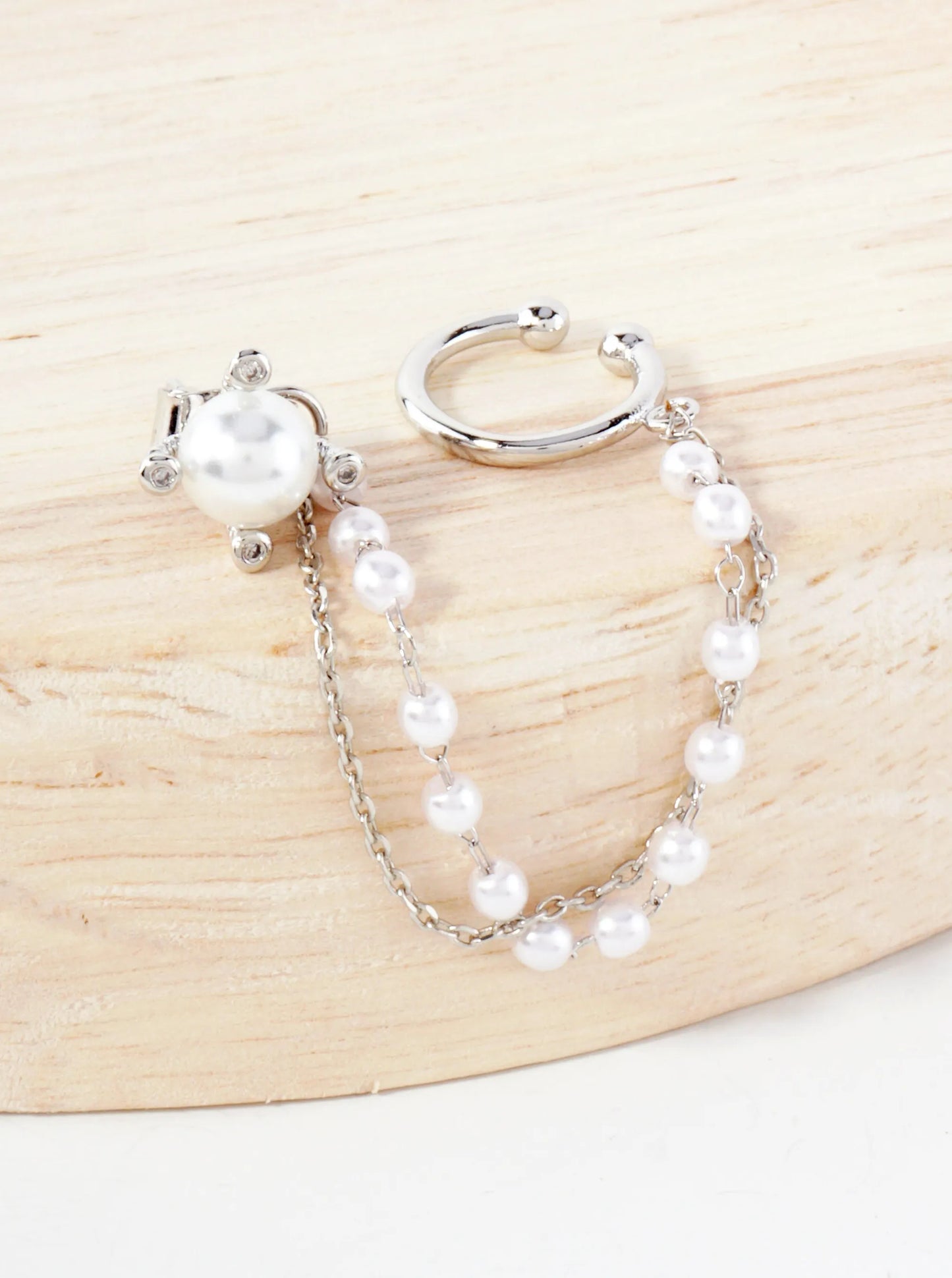 4-Prong 6mm Pearl Stud And Ear Cuff Drape Chain 18K-Gold-Dipped Earring Set