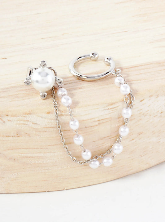 4-Prong 6mm Pearl Stud And Ear Cuff Drape Chain 18K-Gold-Dipped Earring Set