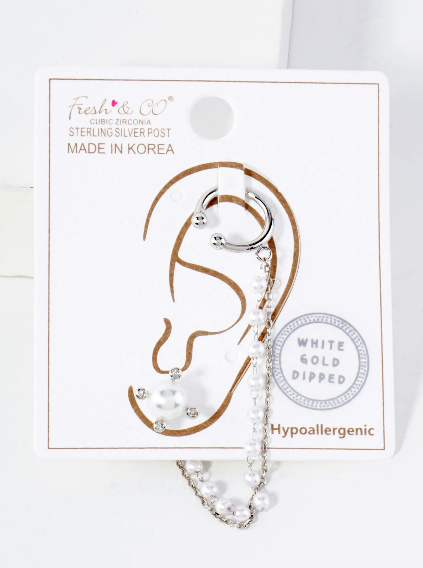 4-Prong 6mm Pearl Stud And Ear Cuff Drape Chain 18K-Gold-Dipped Earring Set