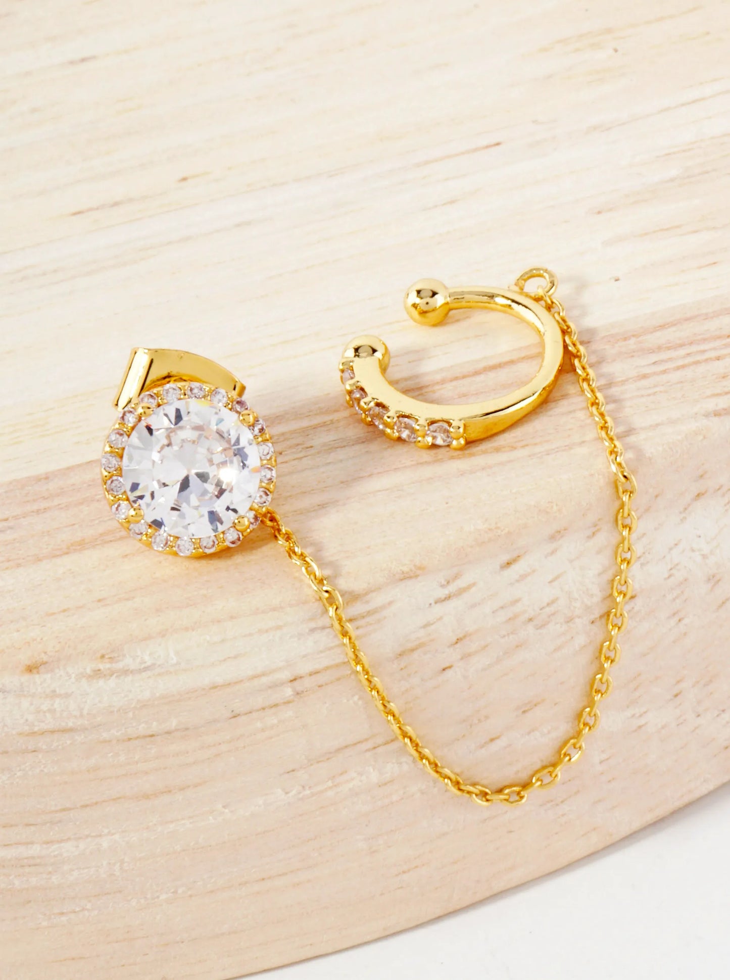 4-Prong 7mm CZ Stone Stud And Ear Cuff Drape Chain 18K-Gold-Dipped Earring Set