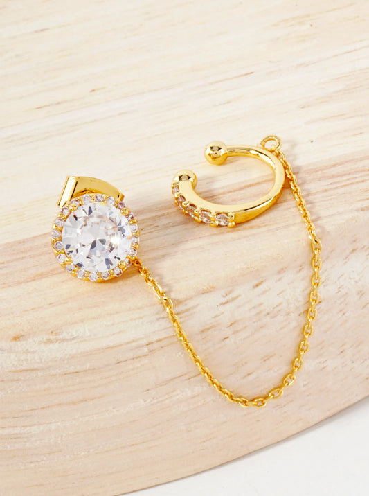 4-Prong 7mm CZ Stone Stud And Ear Cuff Drape Chain 18K-Gold-Dipped Earring Set