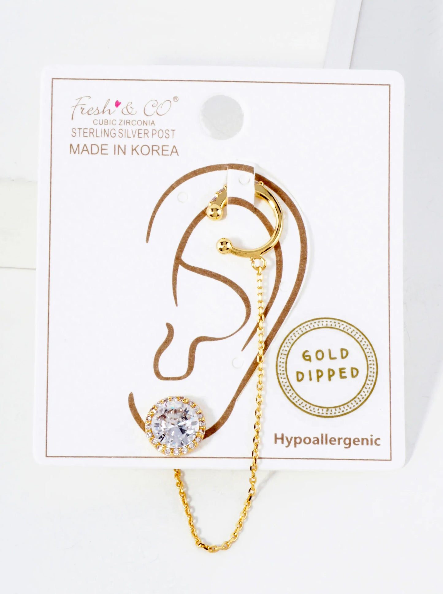 4-Prong 7mm CZ Stone Stud And Ear Cuff Drape Chain 18K-Gold-Dipped Earring Set
