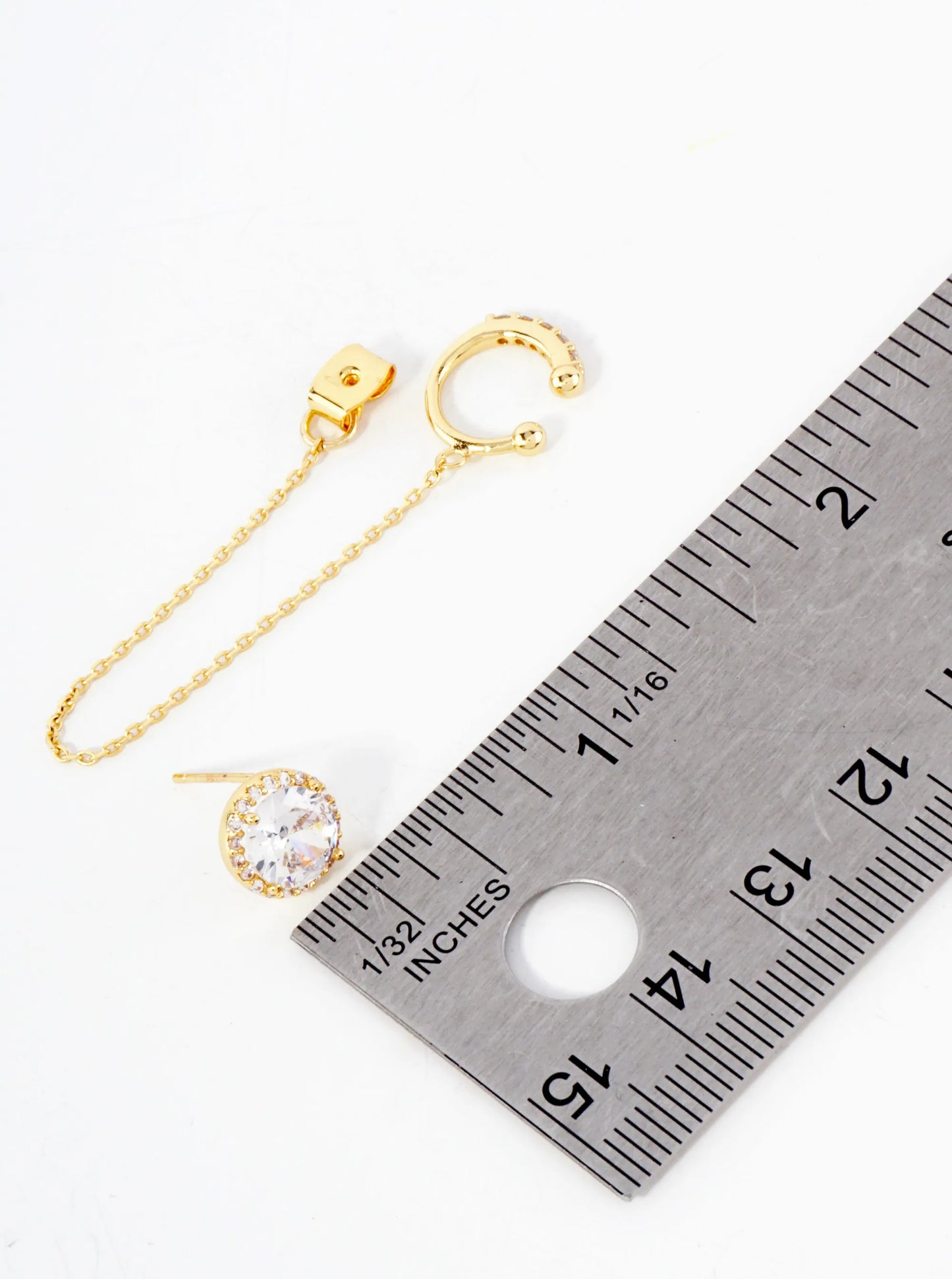 4-Prong 7mm CZ Stone Stud And Ear Cuff Drape Chain 18K-Gold-Dipped Earring Set