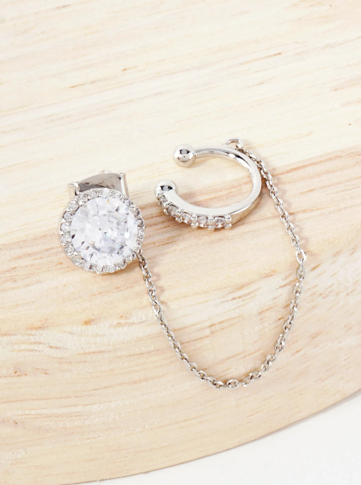 4-Prong 7mm CZ Stone Stud And Ear Cuff Drape Chain 18K-Gold-Dipped Earring Set