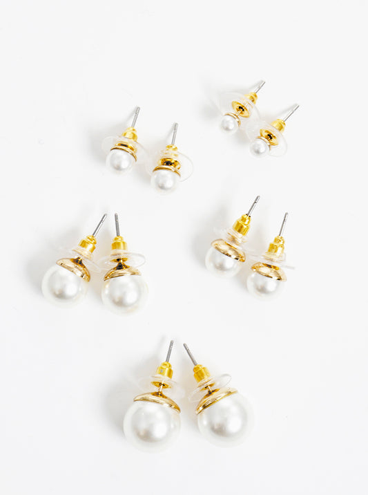 4 To 12mm Set Of 5 Glass Pearl Post Stud Earrings