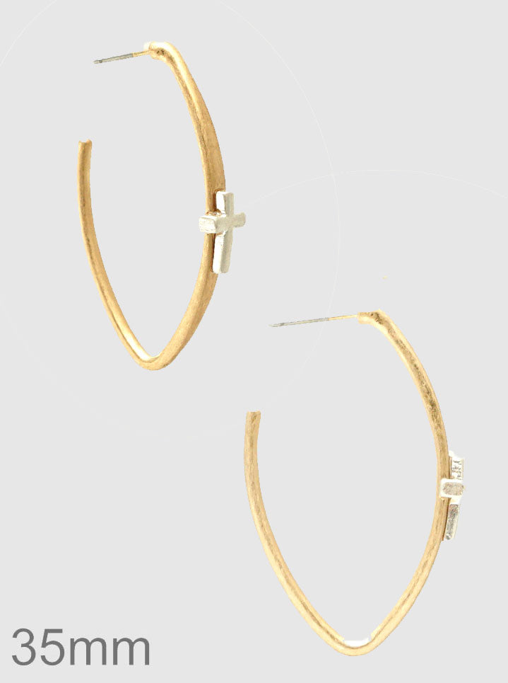 40MM TWO TONE METAL CROSS HOOP EARRINGS
