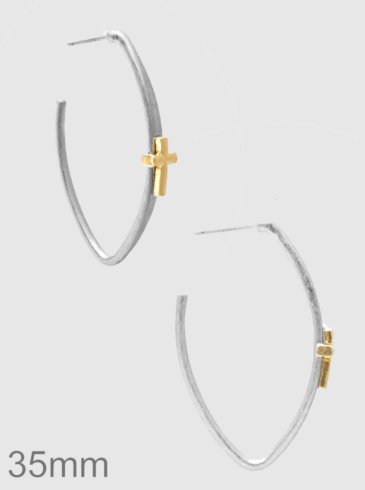 40MM TWO TONE METAL CROSS HOOP EARRINGS