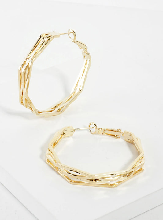 40mm 14K-Gold-Dipped Four Overlapping Octagon Geometric Latch-Back Hoop Earrings