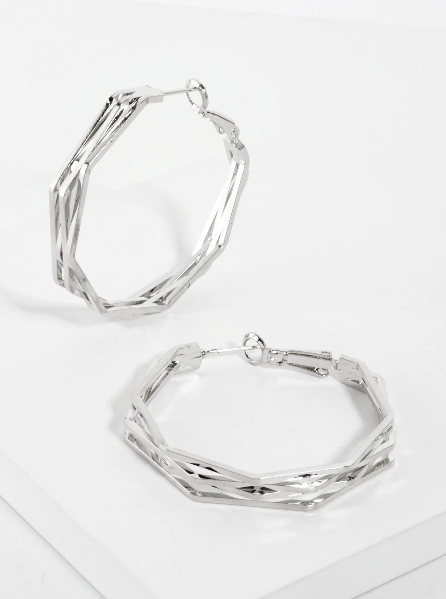 40mm 14K-Gold-Dipped Four Overlapping Octagon Geometric Latch-Back Hoop Earrings