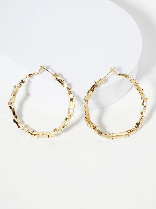 40mm 14K-Gold-Dipped Geometric Square Beaded Latch-back Hoop Earrings