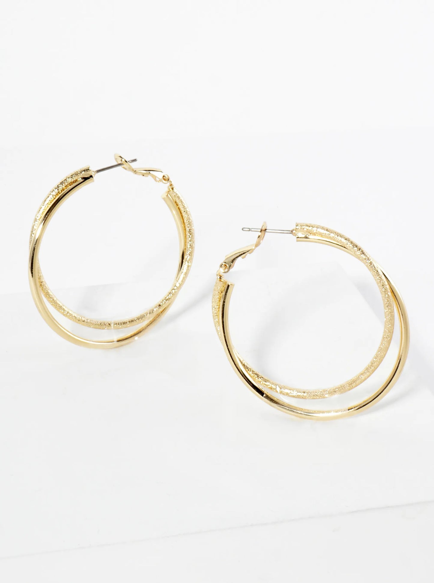 40mm 14K-Gold-Dipped Textured Two Interlocking Latch-Back Hoop Earrings