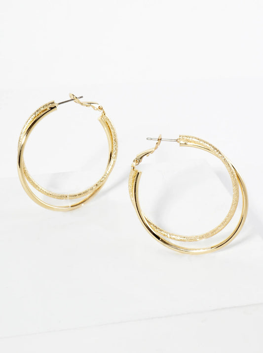 40mm 14K-Gold-Dipped Textured Two Interlocking Latch-Back Hoop Earrings
