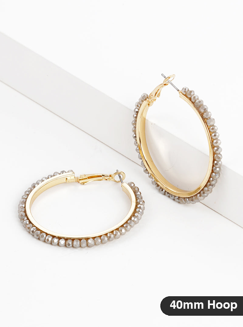 40mm Faceted Glass Beaded 40mm Omega-Back Hoop Earrings