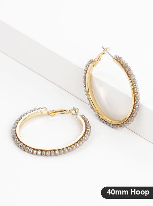 40mm Faceted Glass Beaded 40mm Omega-Back Hoop Earrings