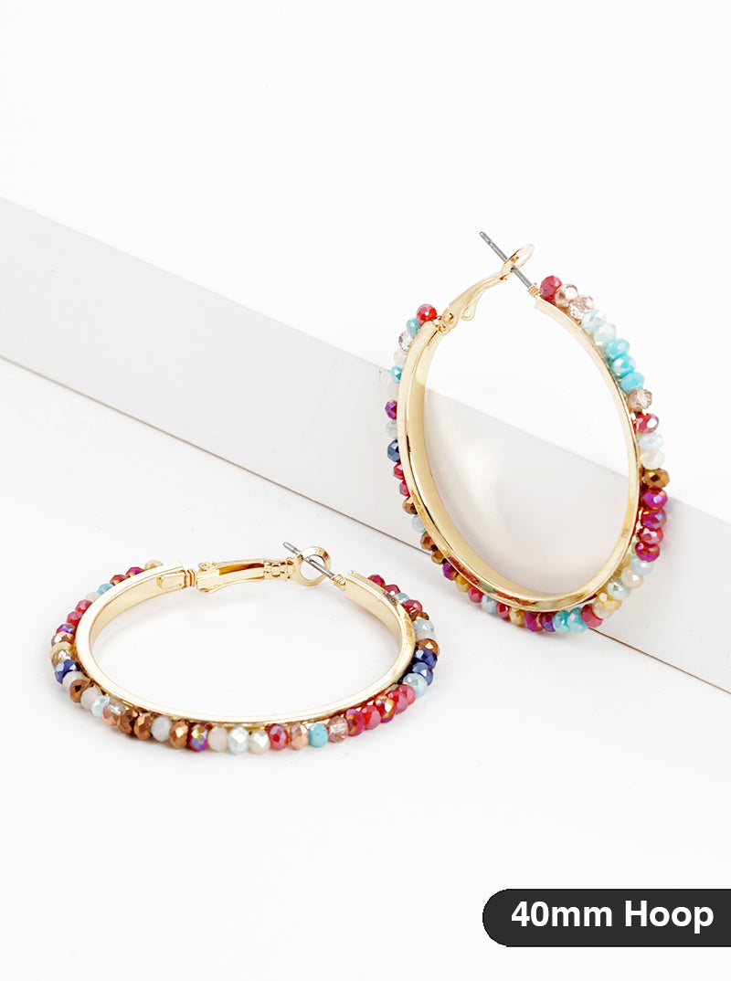 40mm Faceted Glass Beaded 40mm Omega-Back Hoop Earrings