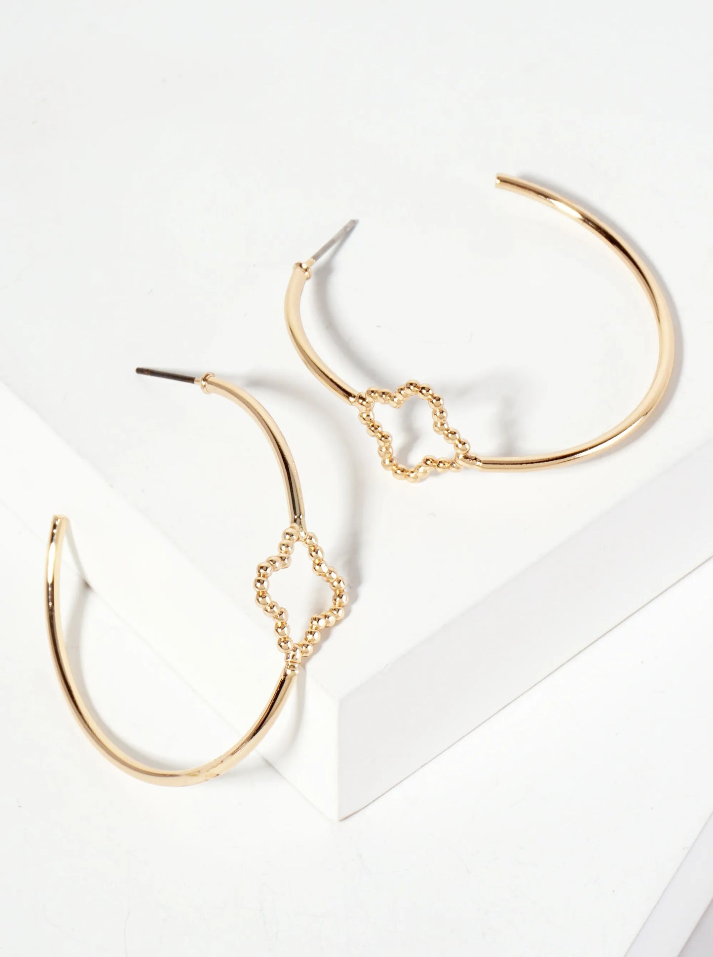 40mm Open Hoop Earrings With Ball-Texture Quatrefoil Accent