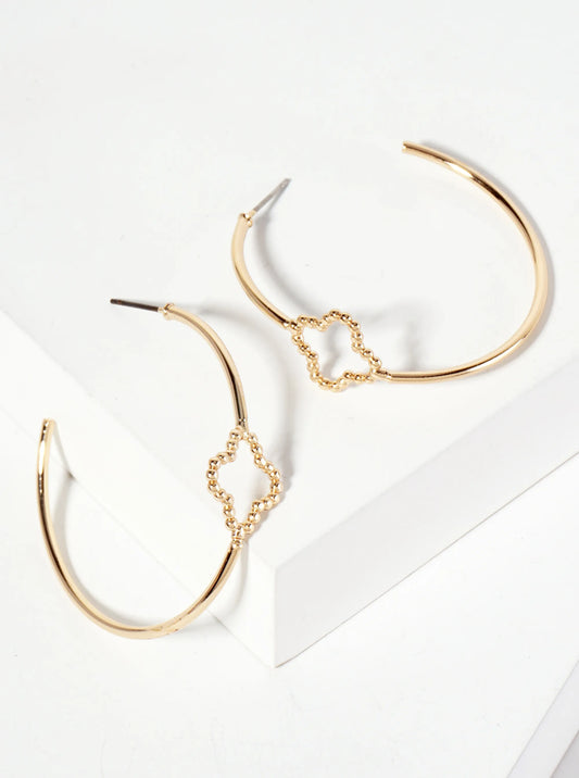 40mm Open Hoop Earrings With Ball-Texture Quatrefoil Accent