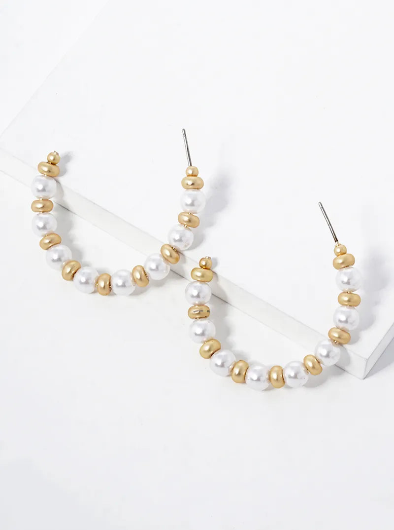 40mm Pearl And Metallic Beads Open Hoop Earrings