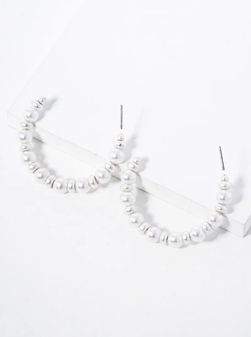 40mm Pearl And Metallic Beads Open Hoop Earrings