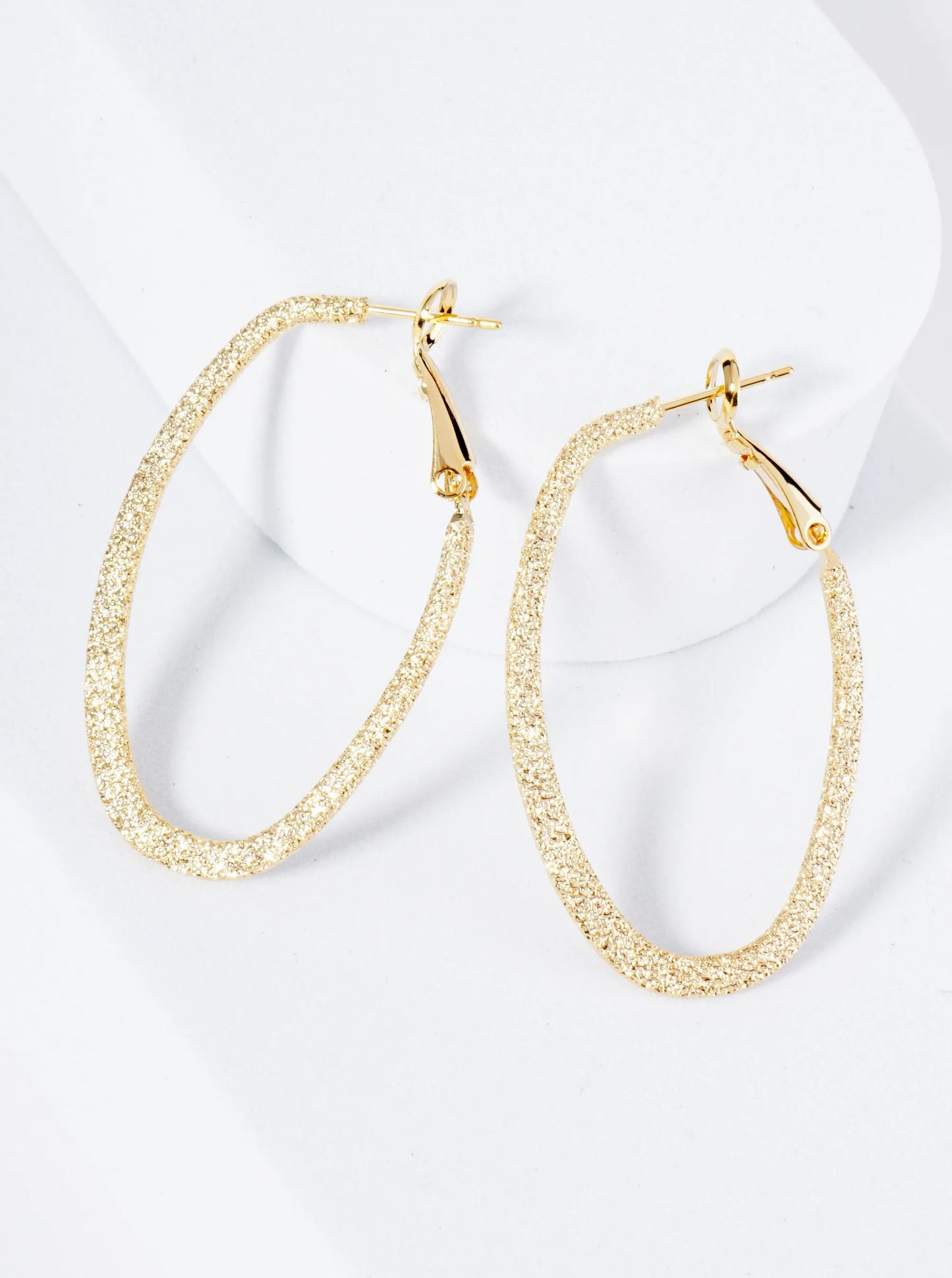 40mm Sand-Texture 14K-Gold-Dipped Oval Flat Latch-Back Hoop Earrings